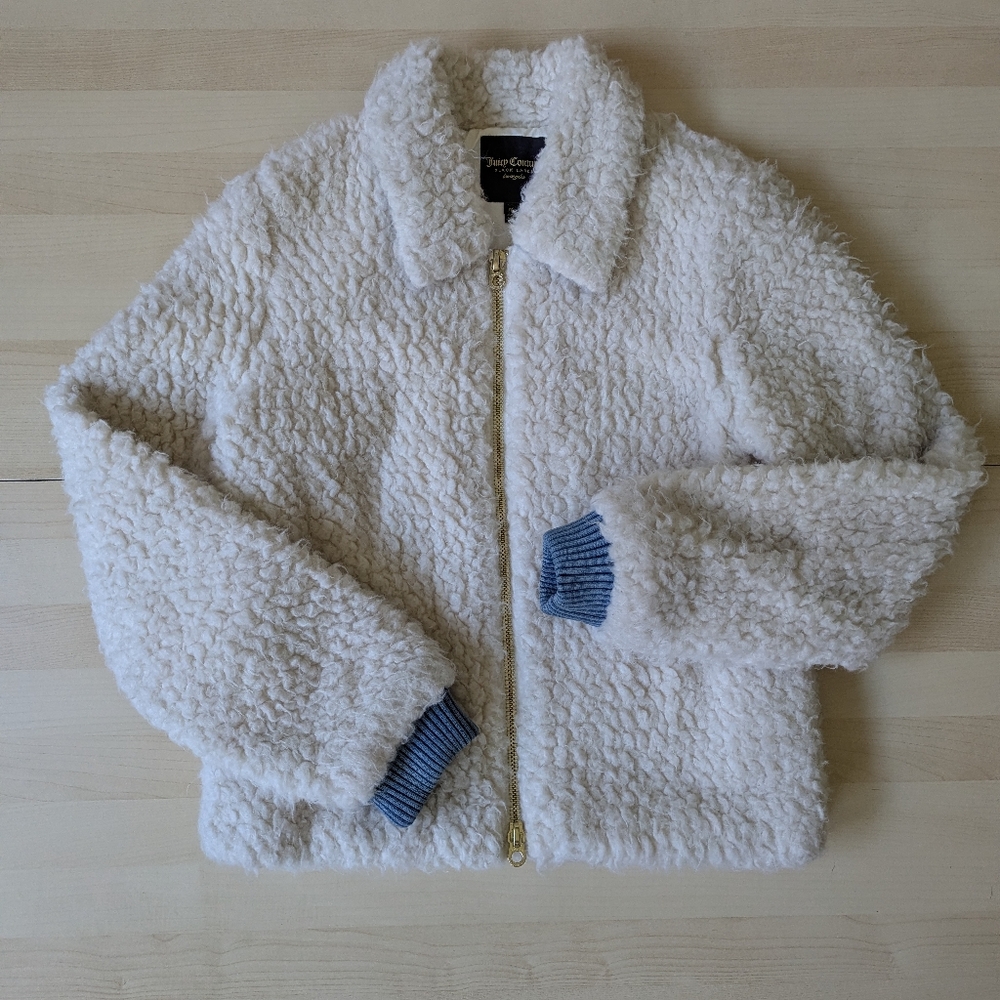 Juicy Couture Black label Medium‎ Sherpa White Bomber Jacket Gold Zipper